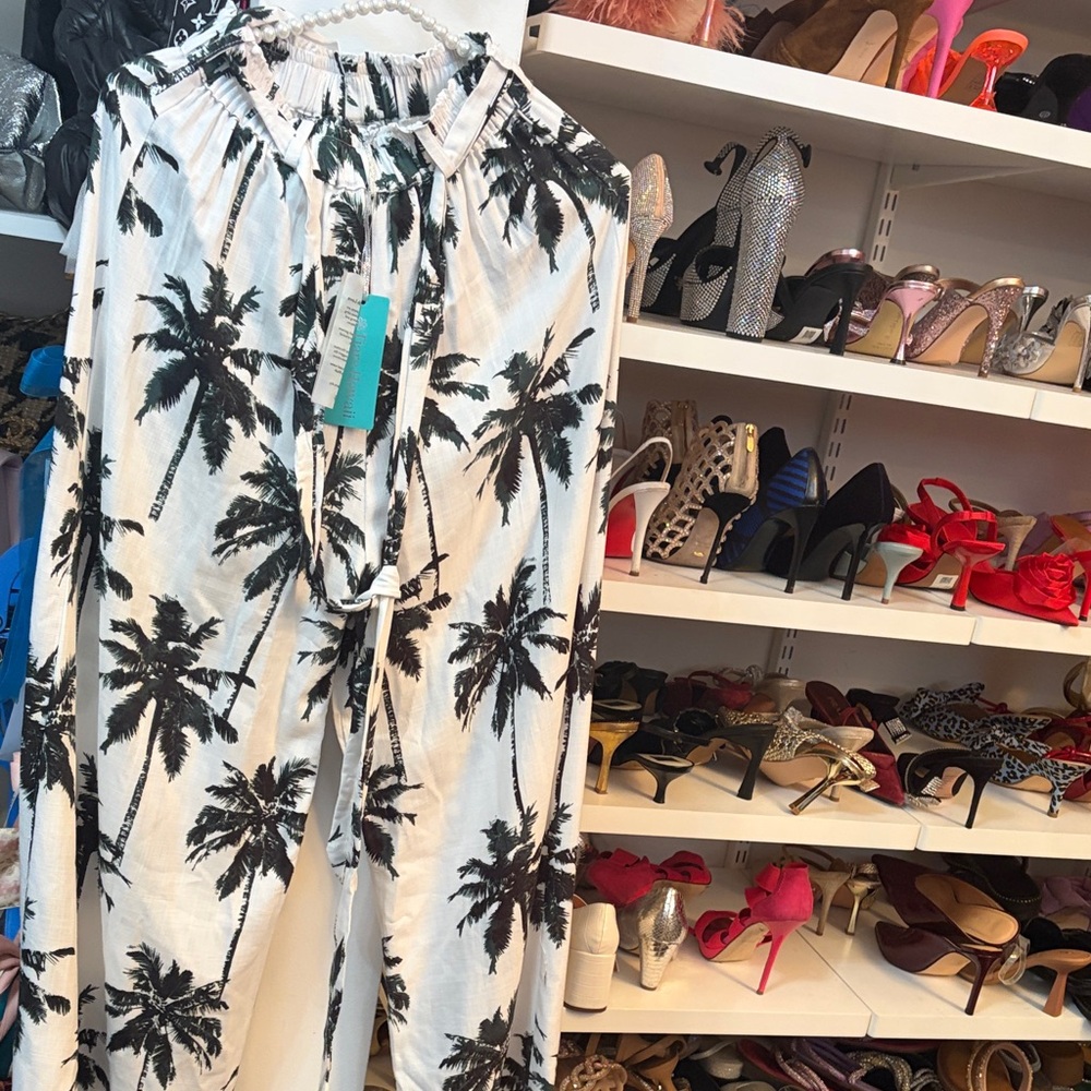 Tiare Hawaii White Wide-Leg Palm Print Pants